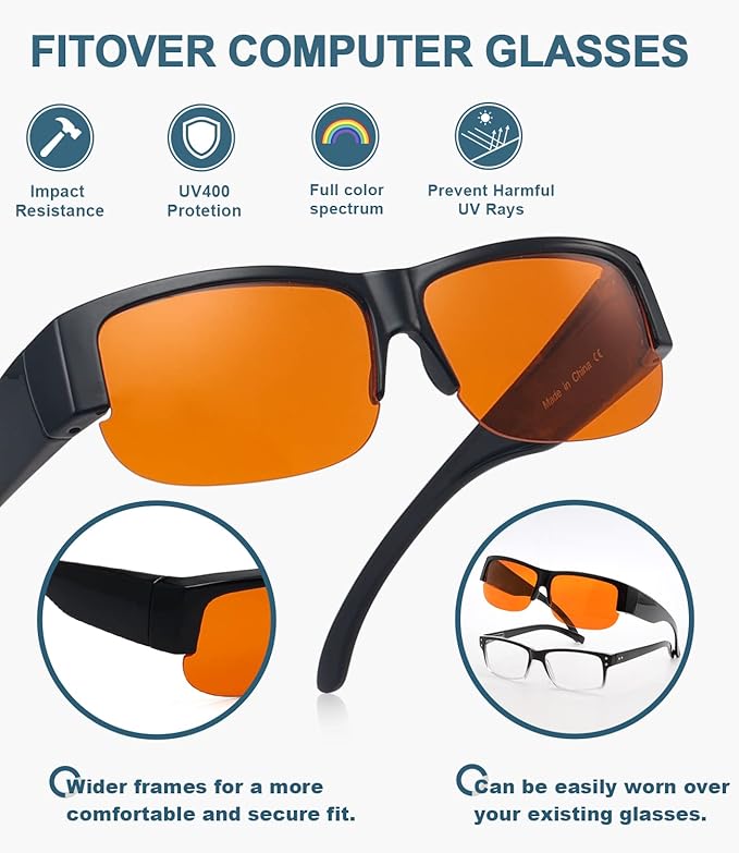 BLUELESS Fitover Blue Light Blocking Glasses with Orange Tinted Sleep Glasses, Black