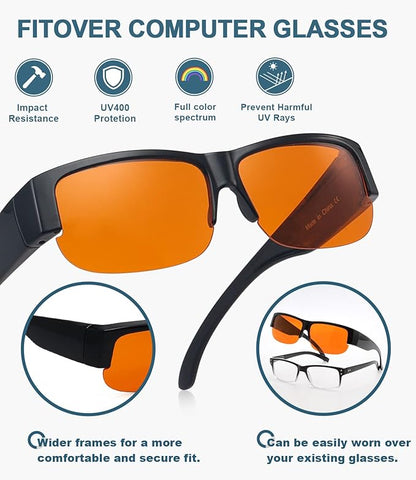 BLUELESS Fitover Blue Light Blocking Glasses with Orange Tinted Sleep Glasses, Black
