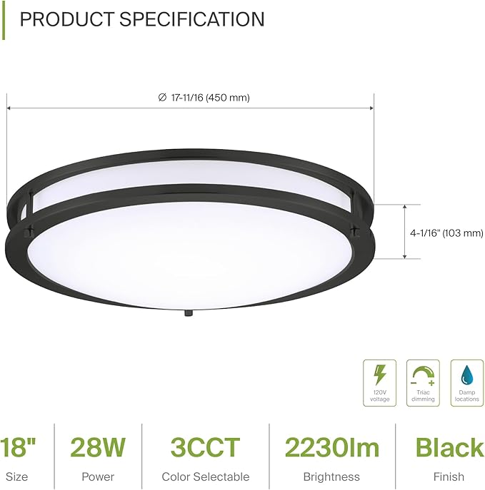 ASD LED 18" Round Flush Mount Lighting, Close to Ceiling Light Fixture | 3CCT, Dimmable, Energy Star, ETL Listed | 28W 2230LM 3000-5000K 120V | Low Profile Double Ring Lamp | Black, 4 Pack