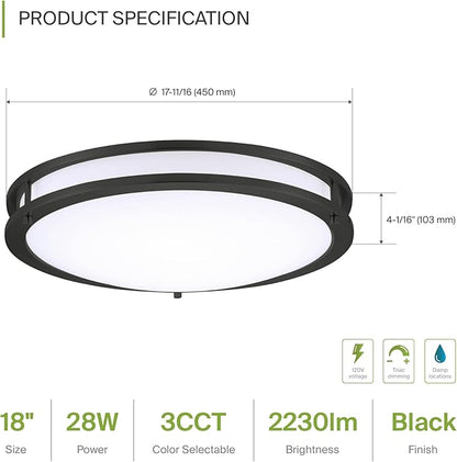 ASD LED 18" Round Flush Mount Lighting, Close to Ceiling Light Fixture | 3CCT, Dimmable, Energy Star, ETL Listed | 28W 2230LM 3000-5000K 120V | Low Profile Double Ring Lamp | Black, 2 Pack