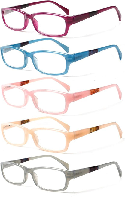 Kerecsen Reading Glasses 5 Pairs Fashion Ladies Readers Spring Hinge with Pattern Print Eyeglasses for Women (Mix Color -9, 4.50)