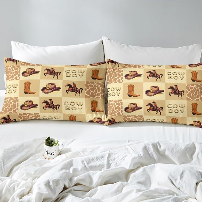 Cowboy Fitted Sheet Retro Horse Riding Western Tribal Boots Hats Bed Sheet Set for Kids Children Teens Rustic Cow Fur Brown Plaids Patchwork Bed Cover Toddler Bedroom Decor,Twin Size