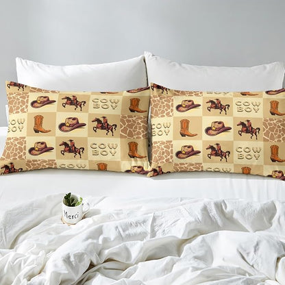 Cowboy Bed Sheet Set Retro Horse Riding Western Tribal Boots Hats Fitted Sheet for Ultra Soft Rustic Cow Fur Brown Plaids Patchwork Bedding Cover Set Room Decor Queen (No Flat Sheet)