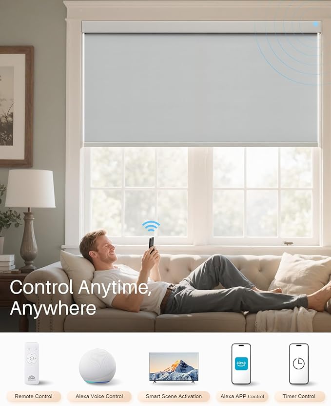 Smart Roller Shades for Windows, Alexa Blackout Motorized Blinds with Remote Control, Easy Install Automatic Electric Blinds for Indoor (24" W x 72" H, Gray)