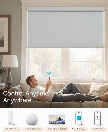Smart Roller Shades for Windows, Alexa Blackout Motorized Blinds with Remote Control, Easy Install Automatic Electric Blinds for Indoor (21" W x 72" H, Gray)