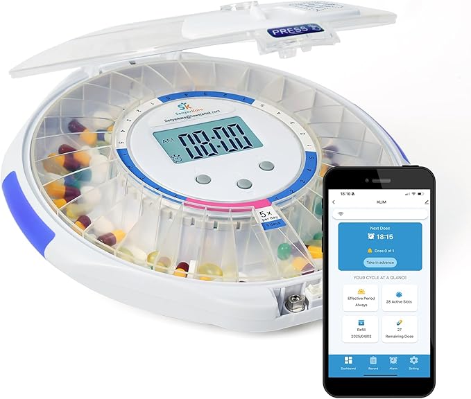 28-Day Bluetooth Automatic Pill Dispenser, Key Lock Security, Medication Dispenser up to 9 Alarms/Day, Sound & Light Alarms, Ezi-Read LCD & App Alert for Prescriptions, Vitamins, Clear Lid