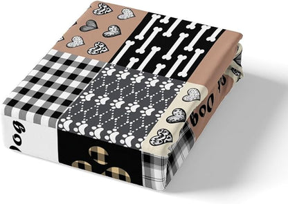Cute Dog Fitted Bottom Sheet Queen Size,Cartoon Puppy Paw Print Sheet Set Soft Polyester Bedding(No Top Sheet),Splicing Geometric Cute Dog Animal Bed Cover(1 Fitted Sheet+2 Pillow Cases)