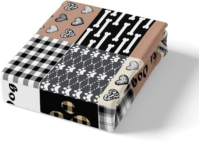 Cute Dog Fitted Bottom Sheet Twin Size,Cartoon Puppy Paw Print Sheet Set Soft Polyester Bedding(No Top Sheet),Splicing Geometric Cute Dog Animal Bed Cover(1 Fitted Sheet+1 Pillow Case)