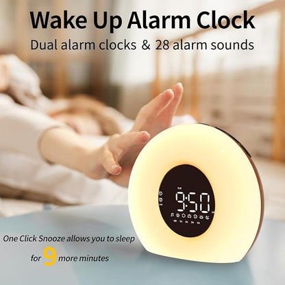Wake Up Light Sunrise Alarm Clock for Bedroom Sunrise Sunset Simulation 23 Natural Sounds 13 Colors Night Light Dual Alarms and Snooze Sleep Aid for Heavy Sleepers Kids Adults (Wood Grain)