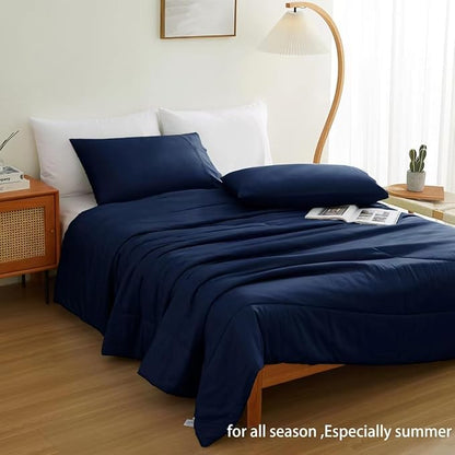 Zaizaihome Natural Bamboo Viscose Comforter Set Twin Size 2 Pieces, All-Season Soft Breathable Moisture-Wicking Quilt with Matching Pillowcase, Machine Washable, Quilted Fluffy Comforter (Navy Blue)