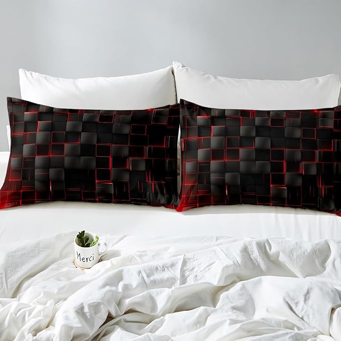 Manfei Abstract Sheet Set Queen Size, Modern Geometric Square Grid Bedding Set for Kids Boy Girl Room Decor, Red and Black Bed Sheet Set 4pcs with Deep Pocket Fitted Sheet + Flat Sheet + 2 Pillowcases