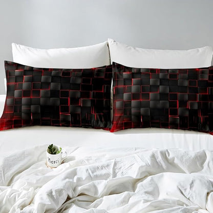 Manfei Abstract Sheet Set Queen Size, Modern Geometric Square Grid Bedding Set for Kids Boy Girl Room Decor, Red and Black Bed Sheet Set 4pcs with Deep Pocket Fitted Sheet + Flat Sheet + 2 Pillowcases
