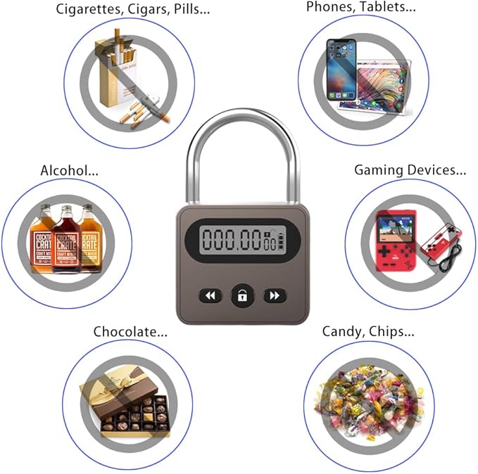 999 Hour Metal Timer Lock, Max Timing Over 1 Month with LCD Display Multi-Function Electronic Time, USB Rechargeable Timer Padlock for Kitchen Cabinets, Phones, Snack, Liquor, Game Consoles (Black)
