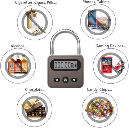 999 Hour Metal Timer Lock, Max Timing Over 1 Month with LCD Display Multi-Function Electronic Time, USB Rechargeable Timer Padlock for Kitchen Cabinets, Phones, Snack, Liquor, Game Consoles (Black)