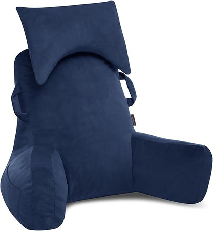 Portable Reading Pillows with Headrest for Bed Sitting Up(Royal Blue Oeko-Tex), Velvet Back Pillow with Arms & Pockets for Adults, Support Memory Foam Bed Pillow for Dorm/Watching/Gaming