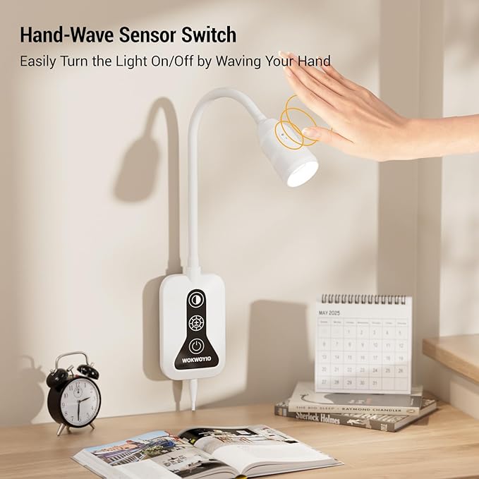 Wall Mounted Reading Light with Hand Sweep Sensor Switch, Book Light for Reading with USB Output, 5 Color & Brightness Dimmable Bedside Light, Wall Lamp with Flexible Neck - White 1 Pack