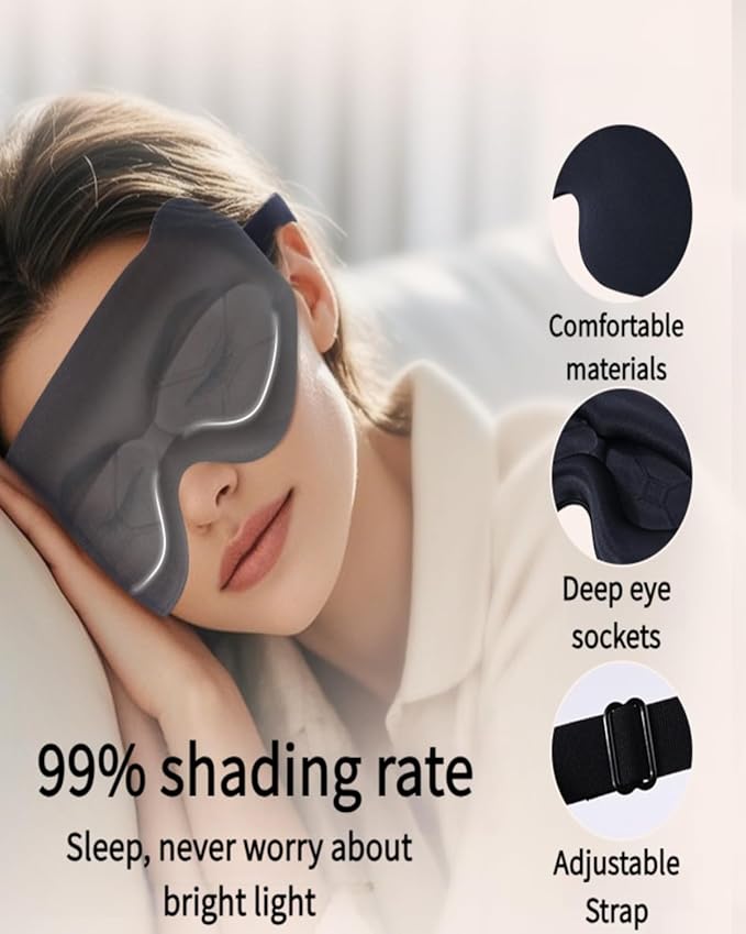 3D Contoured Sleep Mask for Side Sleepers & Travel – 100% Light Blocking Cat-Eye Design, 20mm Deep Eye Cavity & Adjustable Headband | Black Sleep Mask with Earplids, Gift Card & Pouch (Black)
