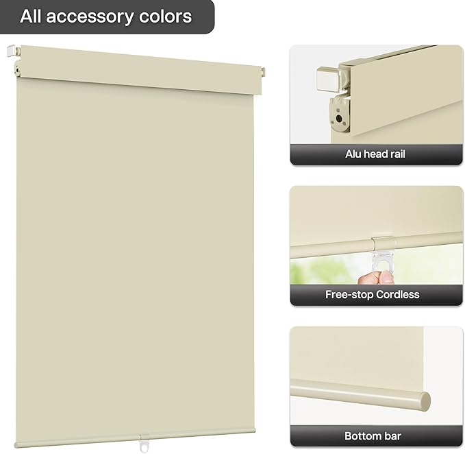 LazBlinds No Drill Blinds for Indoor Windows, Blackout Roller Shades, Cordless Window Blackout Blinds, Thermal Insulated Fabric UV Protection for Home and Office, 25.5" W x 48" H, Beige