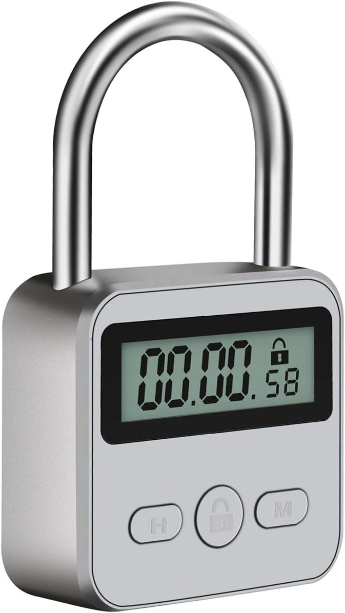Metal Time Padlock - Time Management Tool Timer 99 Hours Max Timing with LCD Display Micro USB Rechargeable Silver