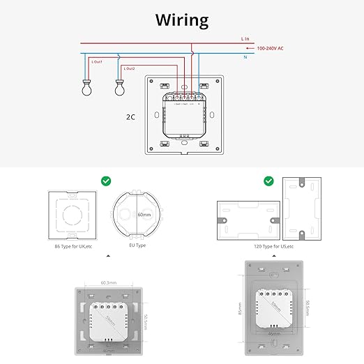 SONOFF Smart Light Switch, 2.4GHz WiFi Interruptor Inteligente, Neutral Wire Required, Voice Control with Alexa and Google Home, Touch Button, Wall Mounting, T5 2 Gang 1 Way
