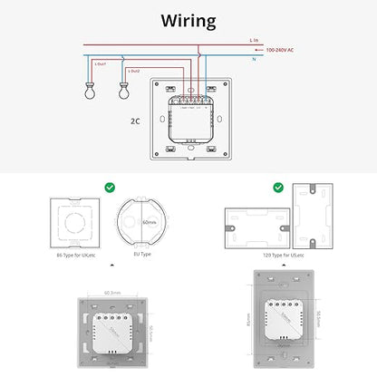 SONOFF Smart Light Switch, 2.4GHz WiFi Interruptor Inteligente, Neutral Wire Required, Voice Control with Alexa and Google Home, Touch Button, Wall Mounting, T5 2 Gang 1 Way
