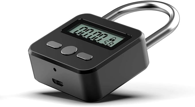 Metal Timer Lock - Electronic Time Padlock with LCD Display - USB Rechargeable (Black)