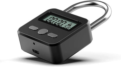 Metal Timer Lock - Electronic Time Padlock with LCD Display - USB Rechargeable (Black)