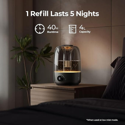 Homvana Humidifiers for Bedroom Diffusers - Top Fill 4L Cool Mist Humidifier Large Room, 40H Runtime Diffusers for Home, Air Humidifier for Plants, Baby Nursery, Essential Oil Diffusers (Black)