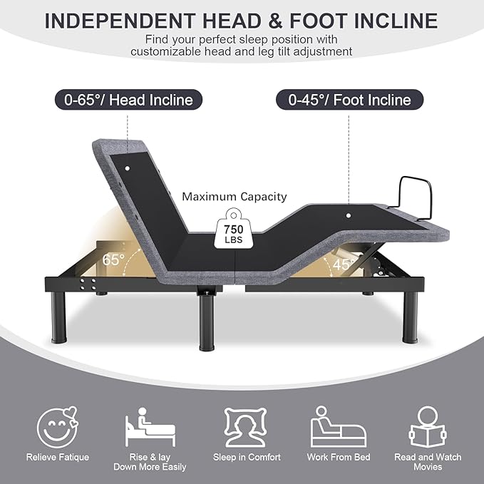 Vipbear Queen Adjustable Beds with Thickened Frame, Adjustable Bed Frame with with Wireless Remote, Separate Head/Foot Lift, Massage, Zero Gravity,USB Ports, Adjustable Bed Bases with Sturdy Metal