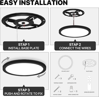 2Pack Dimmable LED Flush Mount Ceiling Light Fixture with Remote Control, 24W 2400LM, 12Inch, 2000K Warm Night Light & 3000K-6500K, Modern Super Slim Ceiling Lamp for Bedroom Kitchen, Black