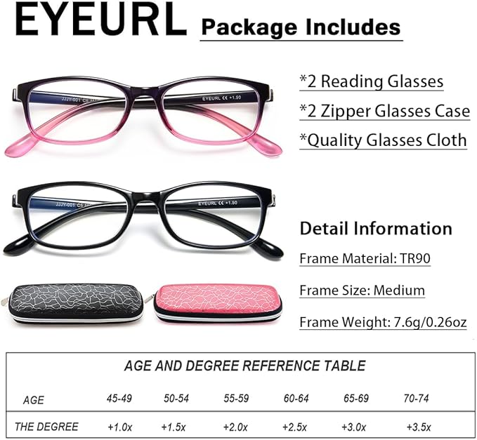 EYEURL 2 Pack Reading Glasses Blue Light Blocking Readers for Women-TR90 Lightweight Computer Reading Glasses Stylish Rectangular Frames Eyeglasses+2.0
