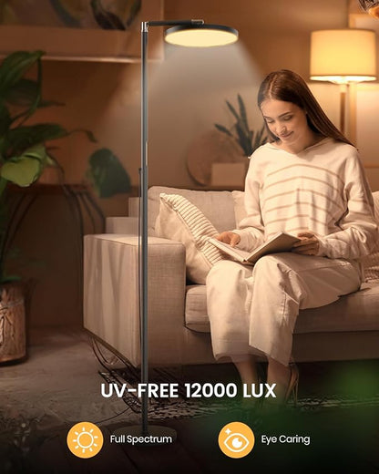 Light Floor Lamp 12000 Lux – UV-Free Full Spectrum LED Floor Lamp with 10 Brightness Levels, 5 Color Modes, 2 Setup Options, Adjustable Height, Remote & Timer for Reading, Bedroom, Office (Black)