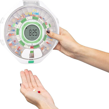 Live Fine 28-Day Automatic Pill Dispenser Clear Lid with Upgraded LCD Display and Key Lock, Sound & Light for Prescriptions, Medication, Vitamins, Supplements & More