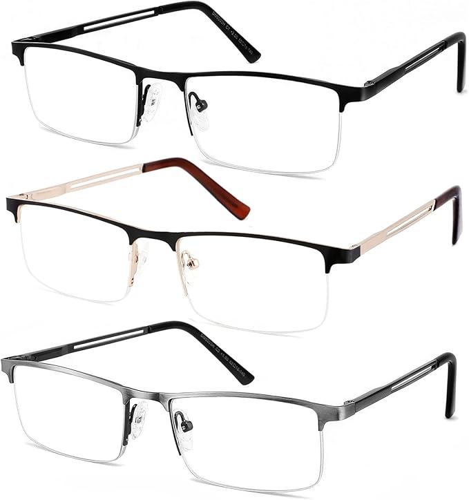 JJWELL 3 Pack Mens Reading Glasses Blue Light Blocking, Metal Rectangle Semi Rimless Readers for Men, Anti Eyestrain/Computer Glare/UV, Half Frame Spring Hinge Eyeglasses with Pouches(3.25)