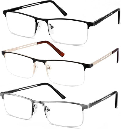 JJWELL 3 Pack Mens Reading Glasses Blue Light Blocking, Metal Rectangle Semi Rimless Readers for Men, Anti Eyestrain/Computer Glare/UV, Half Frame Spring Hinge Eyeglasses with Pouches(3.75)