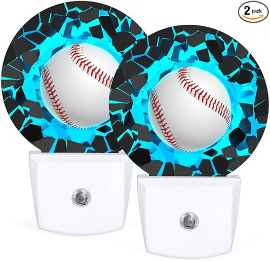 Plug-in Led Night Light with Auto Dusk to Dawn Sensor for Boys Girls Room Decor, 3D Blue Baseball Wall Lamp Nightlights for Hallway,Bedroom, Kids Room, Kitchen, Stairway, (0.5W, 2 Pack)