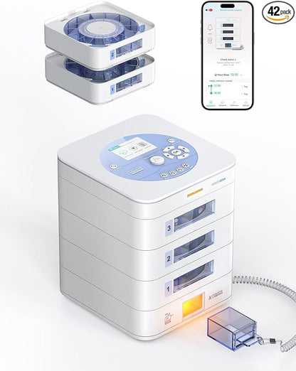 42-Day(1X) Automatic Pill Dispenser (Expandable Tray) – App & On-Device Setup by Family, LCD Display, Digital Lock, Sound & Light Alerts –Safe Medication Organizer for Dementia Seniors (3-Tray, White)