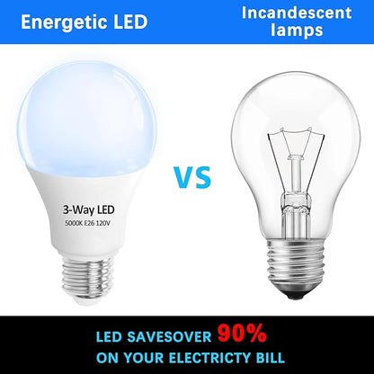 3 Way LED Light Bulbs 2 Pack, 3 Way Light Bulbs 30 70 100 Daylight White 5000K,E26 Medium Base A19 Three Way Light Bulb, Indoor 3way Bulb for Reading