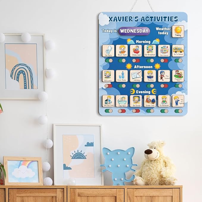 Wooden Chore Chart for Kids Visual Schedule, Routine Chart for Kids, Morning Bedtime Routine Chart for Toddlers Ages 2-4, Daily Kids Schedule Board for Home (15)
