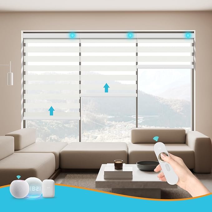 Motorized Zebra Blinds with Remote Smart Blind Work with Homekit Alexa SmartThings Electric Day and Night Shade Cordless Automatic Solar Powered Window Shade Customize(Starry Beige)