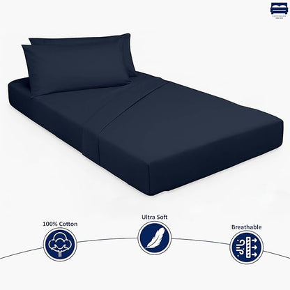 Cottingon 33"x75" Cot Sheet and Pillow Case 4 Piece Set, 100% Egyptain Cotton Soft Bedding Perfect for Rollaway, Folding, Guest Bed Frame, Fits Upto 7" Deep Mattress, Navy Blue Solid
