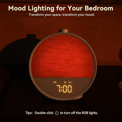 Vivilumens Sunrise Alarm Clock, Gentle Wake-Up Light & Sound Machine, Dual Alarms for Heavy Sleepers Adults, Natural Sounds, RGB Mood Light, Dimmable Bedside Night Lamp Ideal for Bedroom & Gifts
