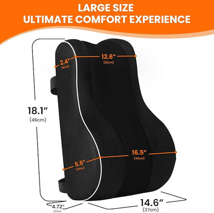 CloudBliss Ergonomic Lumbar Support Pillow – Memory Foam for Lower Back Pain Relief, Adjustable Straps & Mesh Cover for Office, Gaming, Car Seat & Home Essentials (Black)
