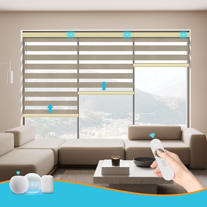 Motorized Zebra Blinds with Remote Smart Blind Work with Homekit Alexa SmartThings Electric Day and Night Shade Cordless Automatic Solar Powered Window Shade Customize(Carbon Coffee)