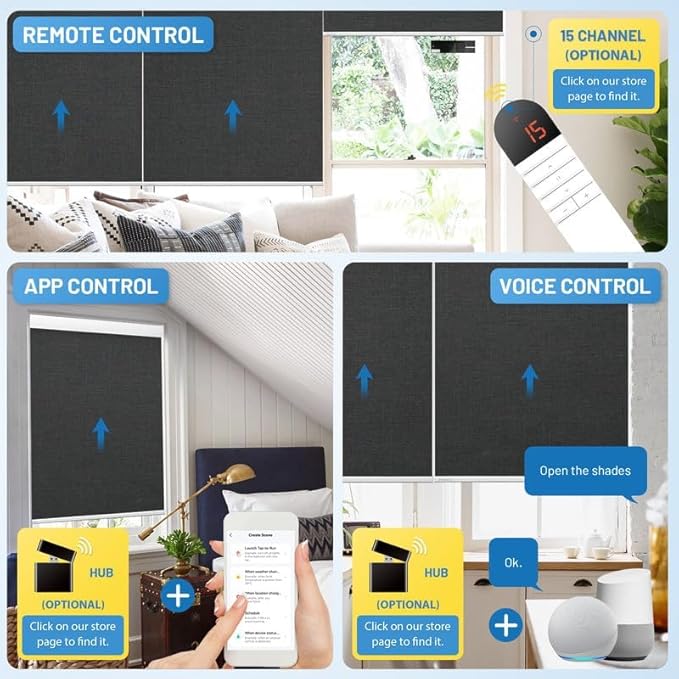 Motorized Blinds with Remote, [Free Solar Panels] Cordless Smart Blinds with Valance Cover, Blackout Electric Blinds with Remote Control, Automatic Roller Shades for Windows Light Black 35" W x 72" H