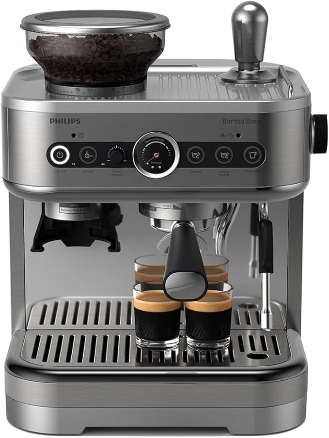Philips Barista Brew Semi Automatic Espresso Machine - Single & Double Espresso,Americano, 250g Bean Container+Grinder+Milk Jug with temperature indicator,Calibrated Tamping,Metal Silver (PSA3218/01)