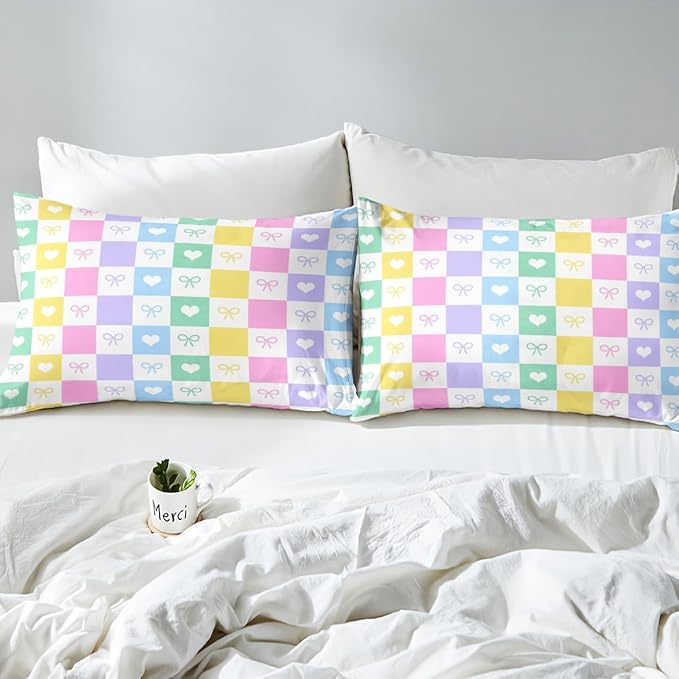 Princess Bowknot Fitted Sheet Queen Size,Colorful Plaids Grids Patchwork Soft Bed Cover(1 Fitted Sheet+1 Pillow Case),Dreamy Bow-tie Love Hearts Cartoon Kawaii Breathable Mattress Cover