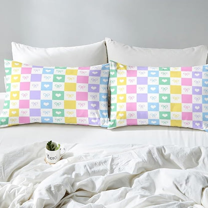 Princess Bowknot Full Size Fitted Sheet,Colorful Plaids Grids Patchwork 3 Pieces Kids Teenager Room Decor Dreamy Bow-tie Love Hearts Cartoon Kawaii Pocket 2 Pillowcases