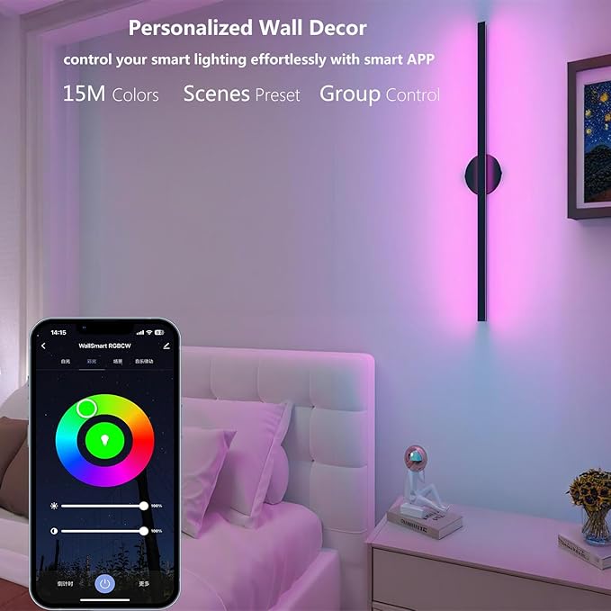 Modern LED Wall Light,RGBCW Wall Sconce Plug In or Hardwire Works with Alexa,Google Home,Remote & App,35.4In Long,Black Accent Wall Mount Lamp Dimmable for Living Room Bedroom Hallway,Music Sync,1pcs