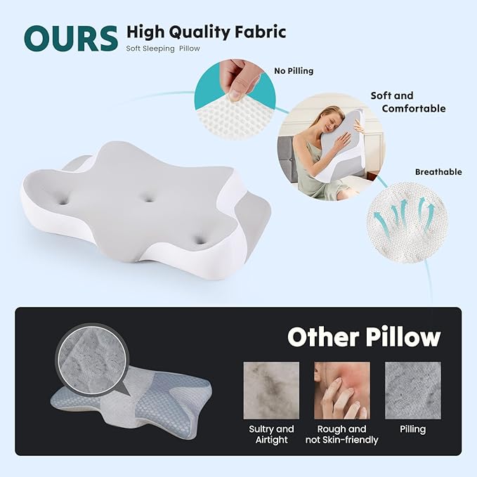 Sweetcrispy Cervical Pillow for Neck and Shoulder,Contour Memory Foam Pillow,Ergonomic Neck Support Pillow for Side Back Stomach Sleepers with Pillowcase, Grey